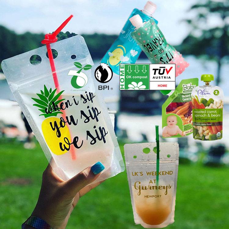 Customized Biodegradable Clear Water Liquid Food Beverage Refill Disposable Plastic Juice Drink Spouted Pouch With Straw Hole